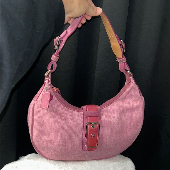 Coach RARE Vintage Suede Leather Canvas Pink Shoulder Bag with Buckle flap - Picture 12 of 17
